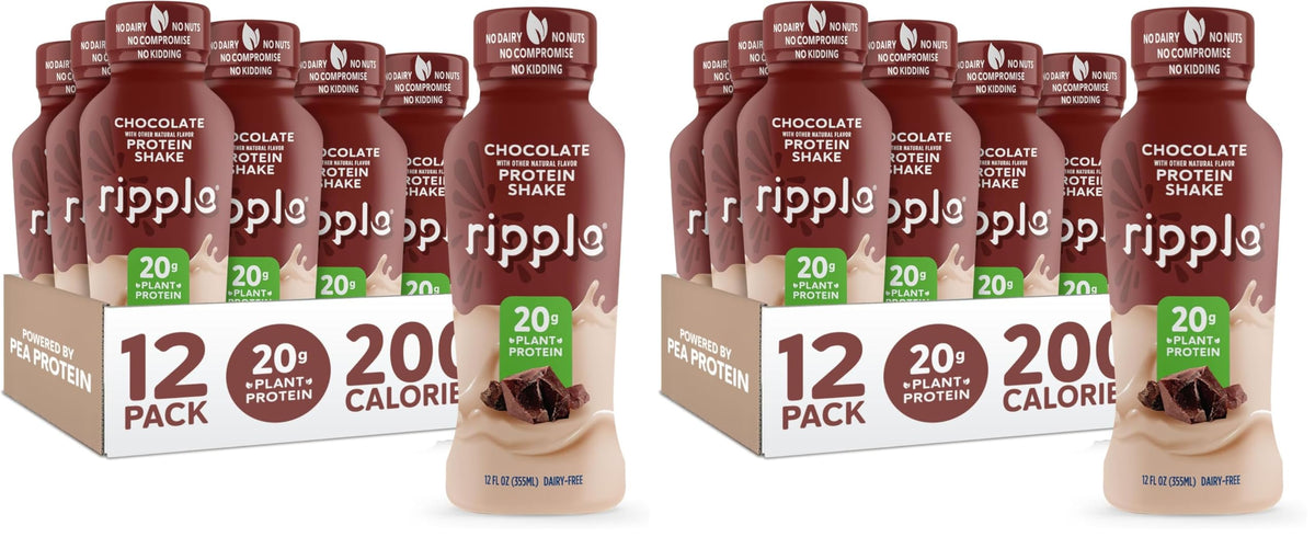 Ripple Plant Based Protein Shake Variety Pack | 20g of Quality Sourced Pea Protein, Calcium Rich | Shelf Stable | Vegan & Non GMO | Dairy, Soy, Nut, & Gluten Free | 12 Fl Oz Bottles (Pack of 12)