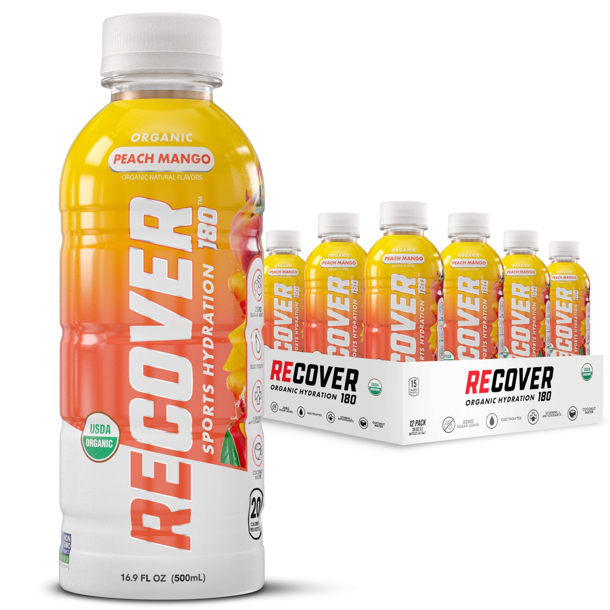 RECOVER 180 Organic Sports Hydration Drink, No Sugar Added, 20 Calorie Sports Beverage, Organic Flavors With Vitamins, Potassium-Packed Electrolytes (16.9 Fl Oz (Pack of 12), Orange Cream)