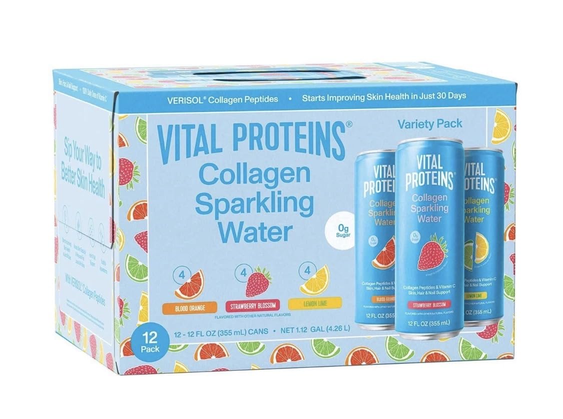 Vital Proteins Collagen Sparkling Water | Variety Pack (Strawberry Blossom, Blood Orange, Lemon Lime) | 12 fl oz | 12-count cans