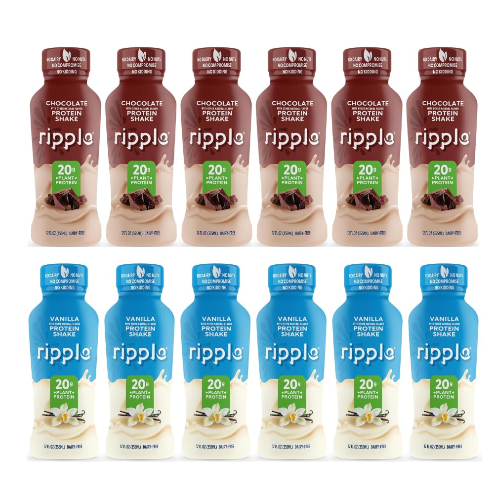 Ripple Plant Based Protein Shake Variety Pack | 20g of Quality Sourced Pea Protein, Calcium Rich | Shelf Stable | Vegan & Non GMO | Dairy, Soy, Nut, & Gluten Free | 12 Fl Oz Bottles (Pack of 12)