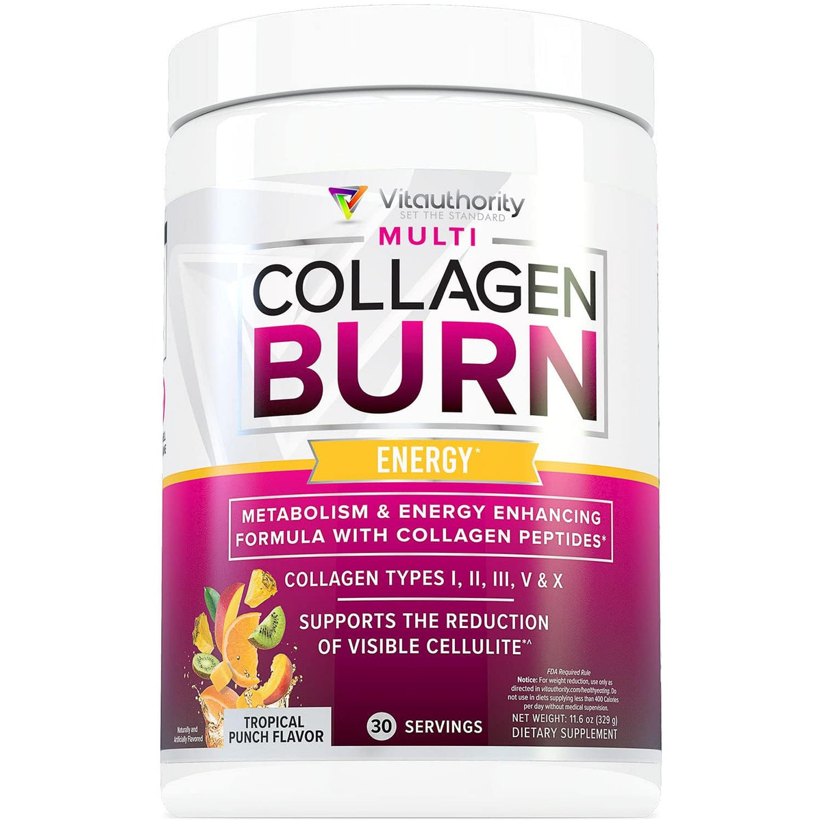 Multi Collagen Burn: Hydrolyzed Protein Peptides with Hyaluronic Acid, Vitamin C, SOD B Dimpless, Types I, II, III, V and X, Caffeine-Free Strawberry Lemonade Flavored 30 Servings
