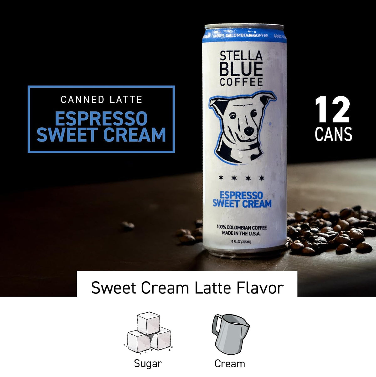 Espresso Sweet Cream Latte Cans, Colombian Coffee Beans, 11oz Can, 12-Pack
