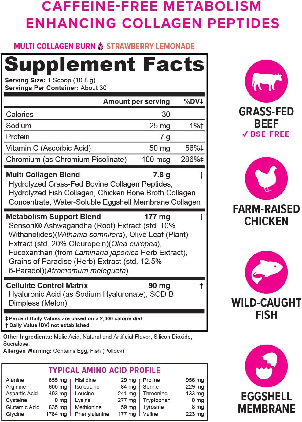 Multi Collagen Burn: Hydrolyzed Protein Peptides with Hyaluronic Acid, Vitamin C, SOD B Dimpless, Types I, II, III, V and X, Caffeine-Free Strawberry Lemonade Flavored 30 Servings