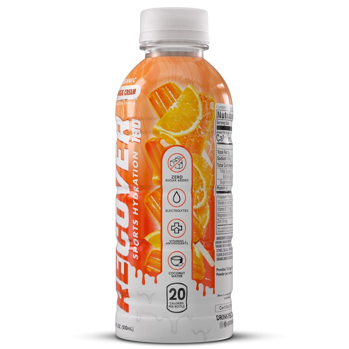 RECOVER 180 Organic Sports Hydration Drink, No Sugar Added, 20 Calorie Sports Beverage, Organic Flavors With Vitamins, Potassium-Packed Electrolytes (16.9 Fl Oz (Pack of 12), Orange Cream)