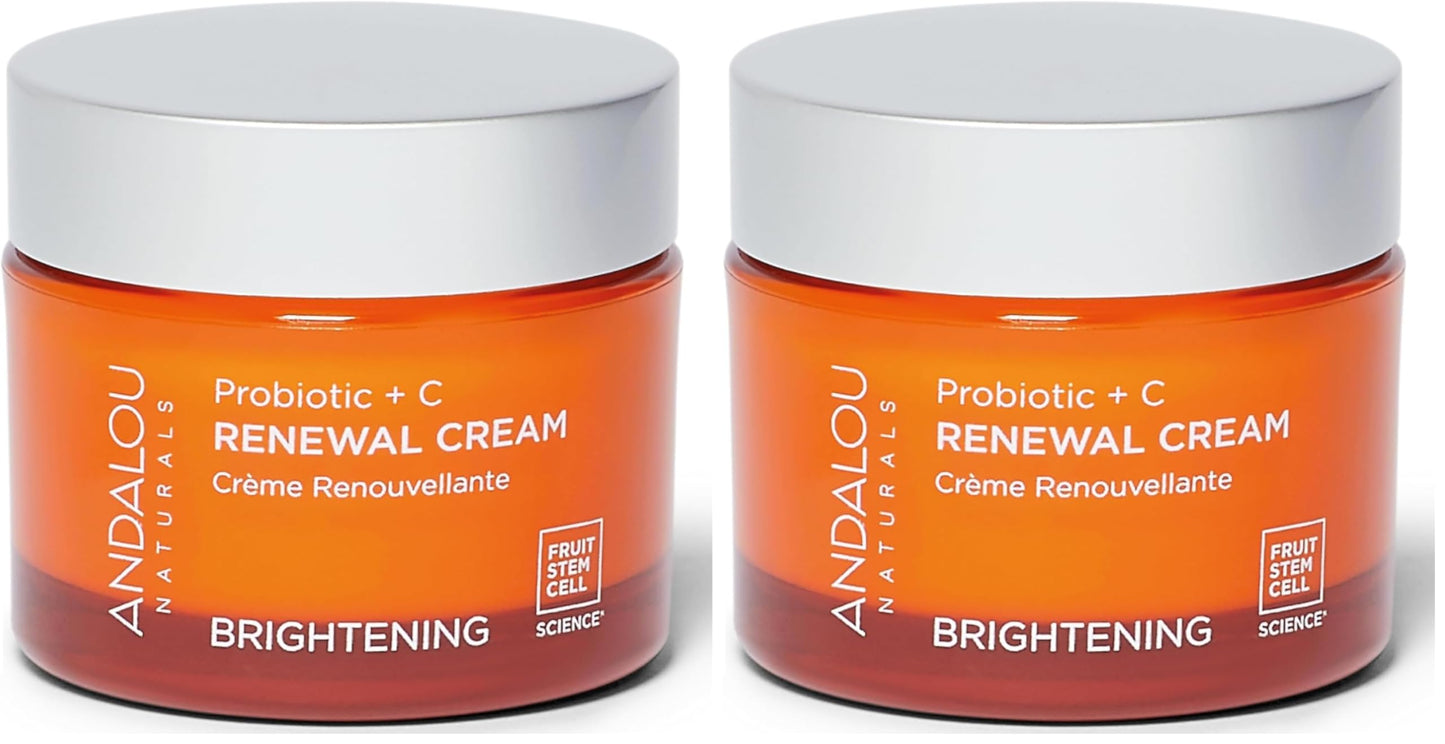 Andalou Naturals Probiotic + Vitamin C Renewal Cream-Complexion Enhancing Hydrating Face Moisturizer-Helps Promote Firmer Skin&More Even Tone-Lightweight,Non-Greasy Formula-1.7 Oz,(Pack of 2)