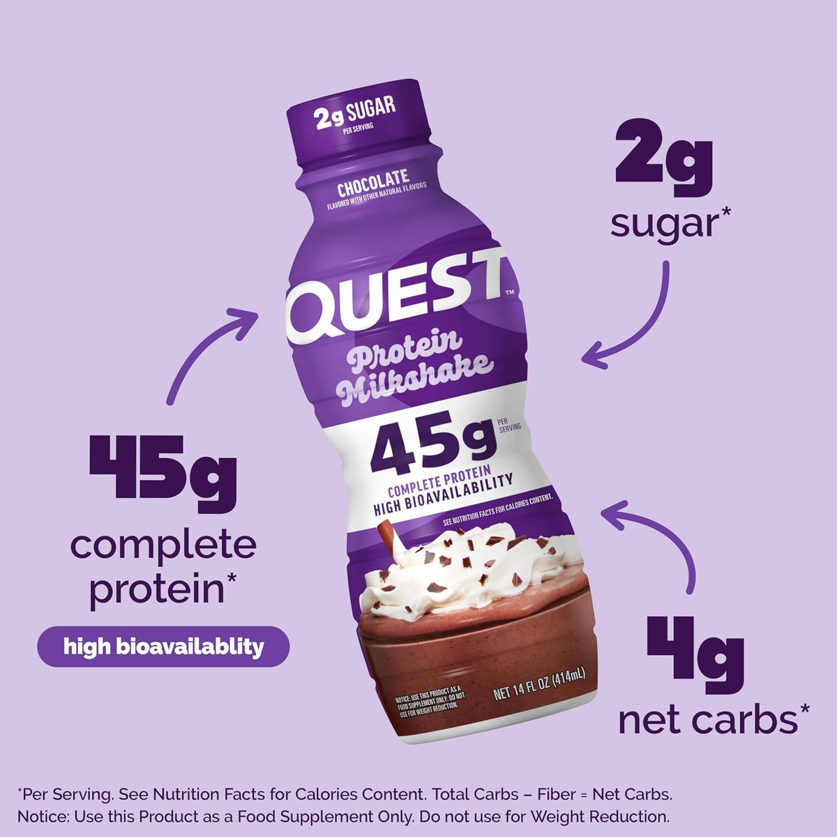 Quest Nutrition Chocolate Protein Shake, 45g Protein, 2g Sugar, 4g Net Carbs, Ready to Drink, Gluten Free, 12 Count