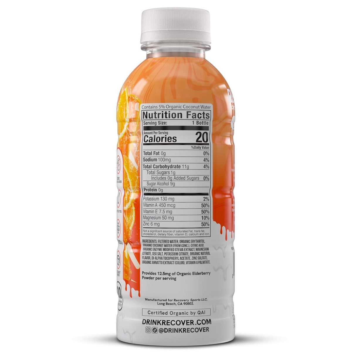 RECOVER 180 Organic Sports Hydration Drink, No Sugar Added, 20 Calorie Sports Beverage, Organic Flavors With Vitamins, Potassium-Packed Electrolytes (16.9 Fl Oz (Pack of 12), Orange Cream)