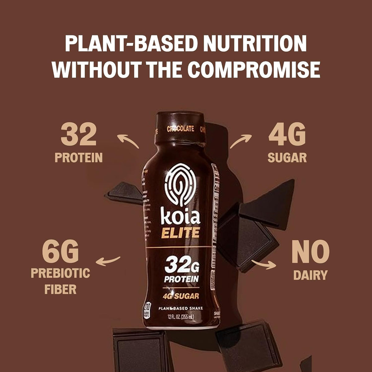 Koia Elite, Plant-Based Protein Shake with Prebiotic Fiber, Chocolate