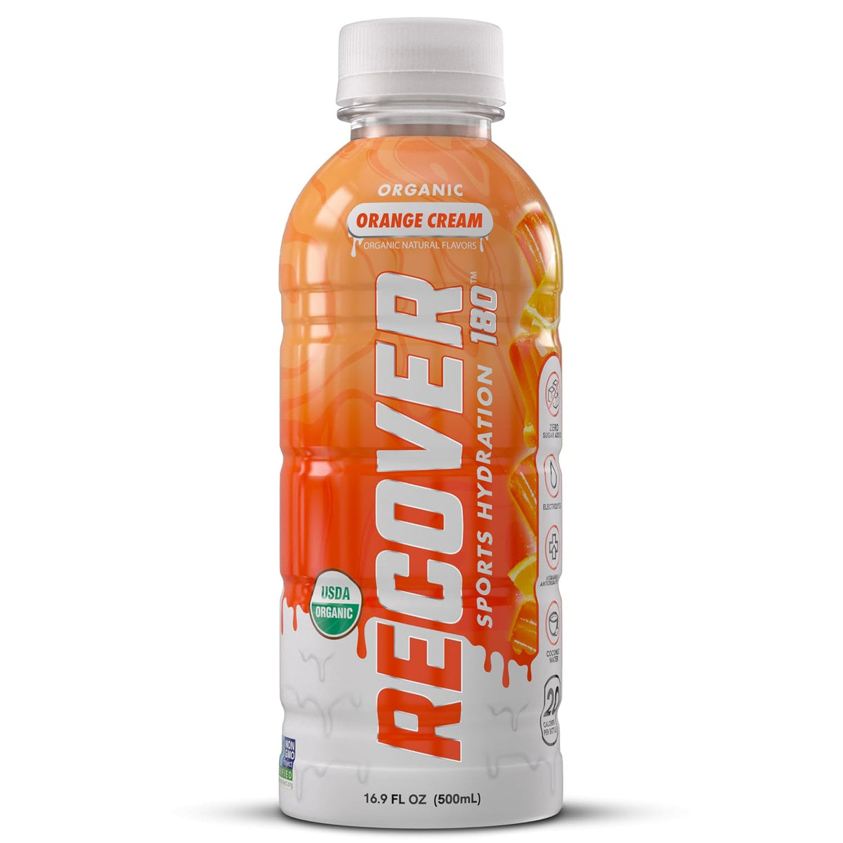 RECOVER 180 Organic Sports Hydration Drink, No Sugar Added, 20 Calorie Sports Beverage, Organic Flavors With Vitamins, Potassium-Packed Electrolytes (16.9 Fl Oz (Pack of 12), Orange Cream)