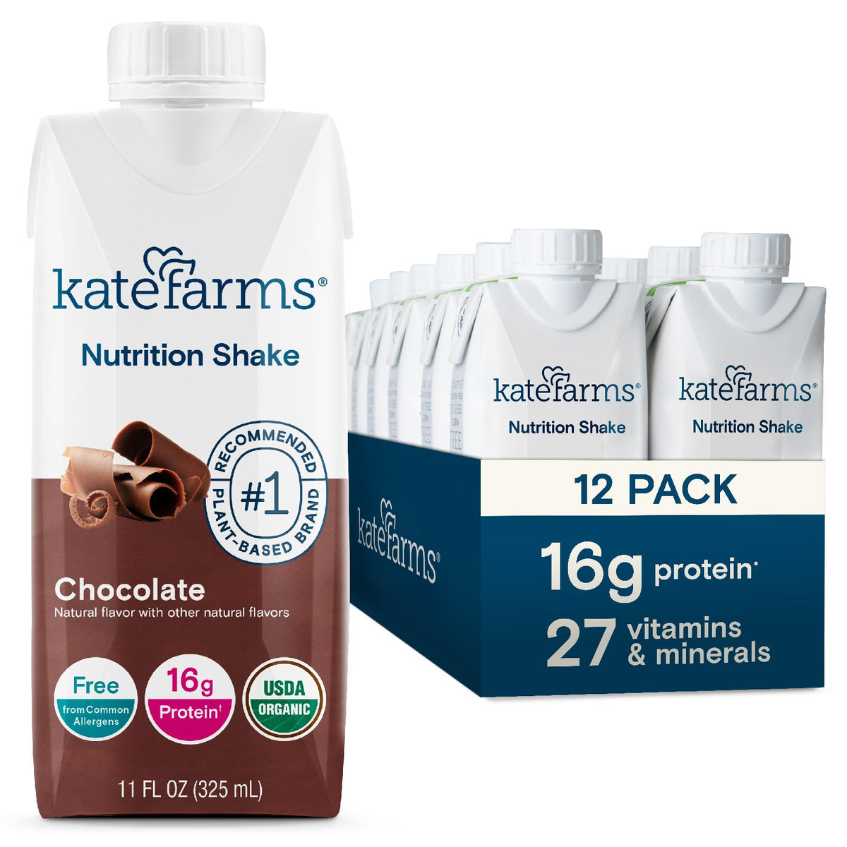 KATE FARMS Organic Nutrition Shake, Vanilla, 16g Protein, 12 Pack