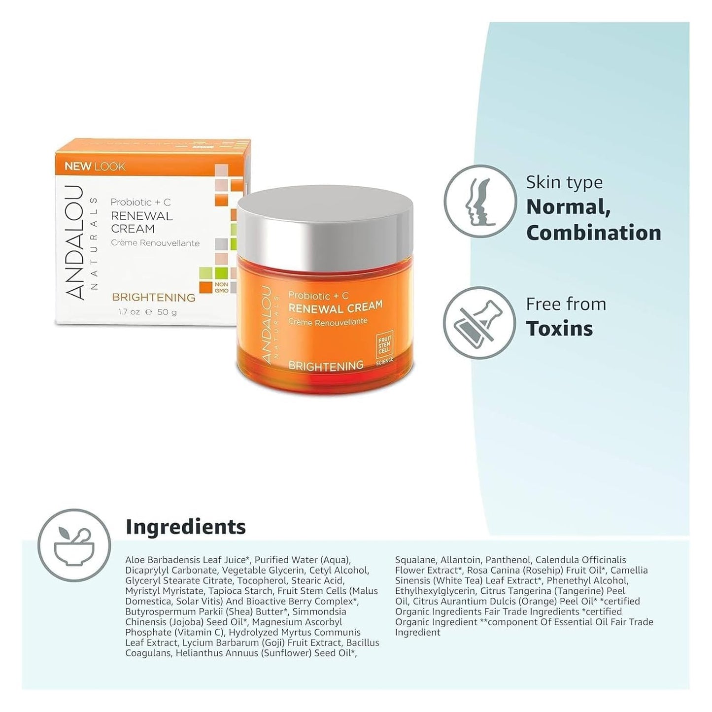 Andalou Naturals Probiotic + Vitamin C Renewal Cream-Complexion Enhancing Hydrating Face Moisturizer-Helps Promote Firmer Skin&More Even Tone-Lightweight,Non-Greasy Formula-1.7 Oz,(Pack of 2)
