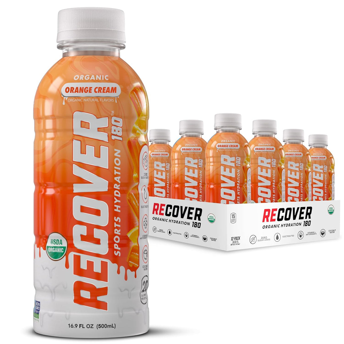 RECOVER 180 Organic Sports Hydration Drink, No Sugar Added, 20 Calorie Sports Beverage, Organic Flavors With Vitamins, Potassium-Packed Electrolytes (16.9 Fl Oz (Pack of 12), Orange Cream)