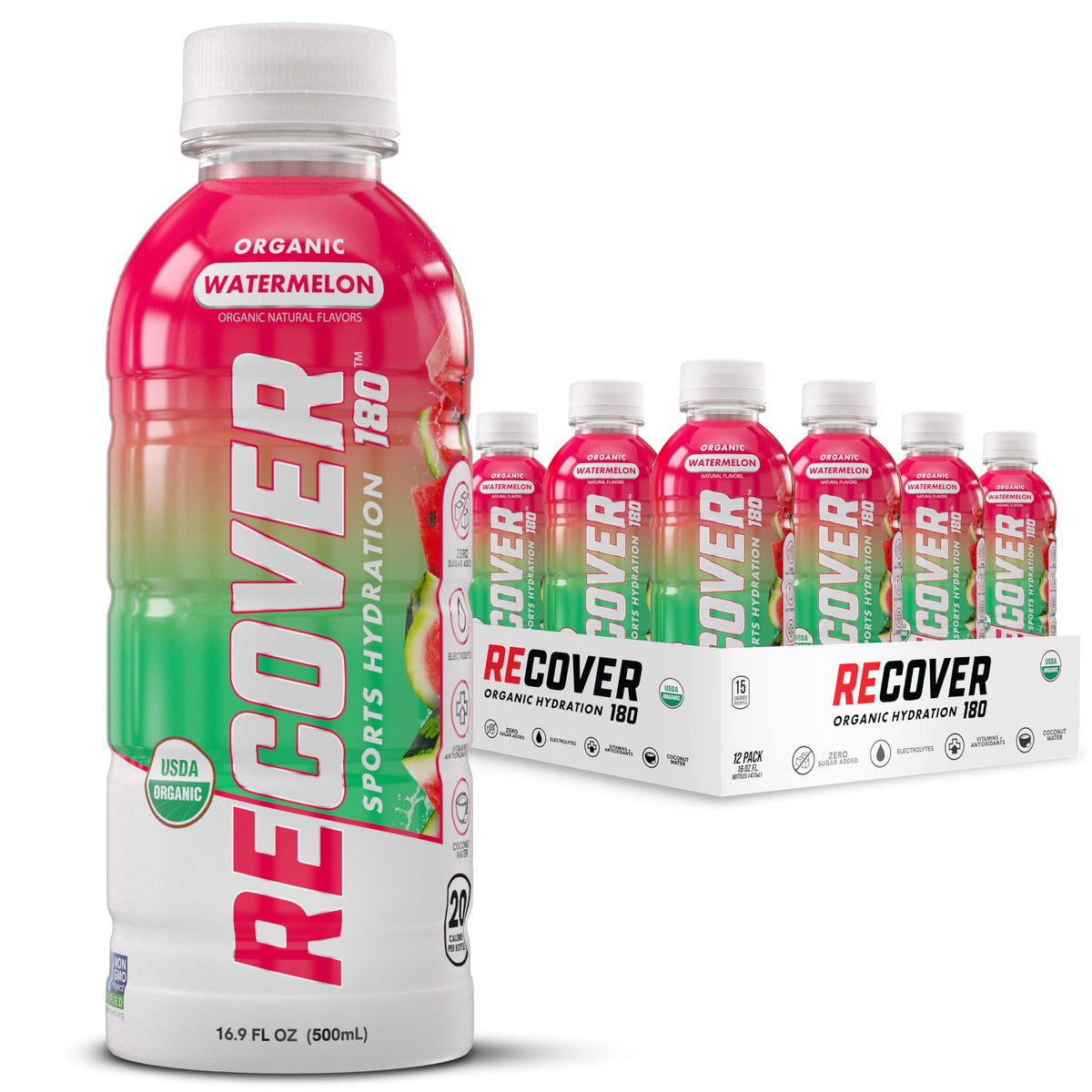 RECOVER 180 Organic Sports Hydration Drink, No Sugar Added, 20 Calorie Sports Beverage, Organic Flavors With Vitamins, Potassium-Packed Electrolytes (16.9 Fl Oz (Pack of 12), Orange Cream)