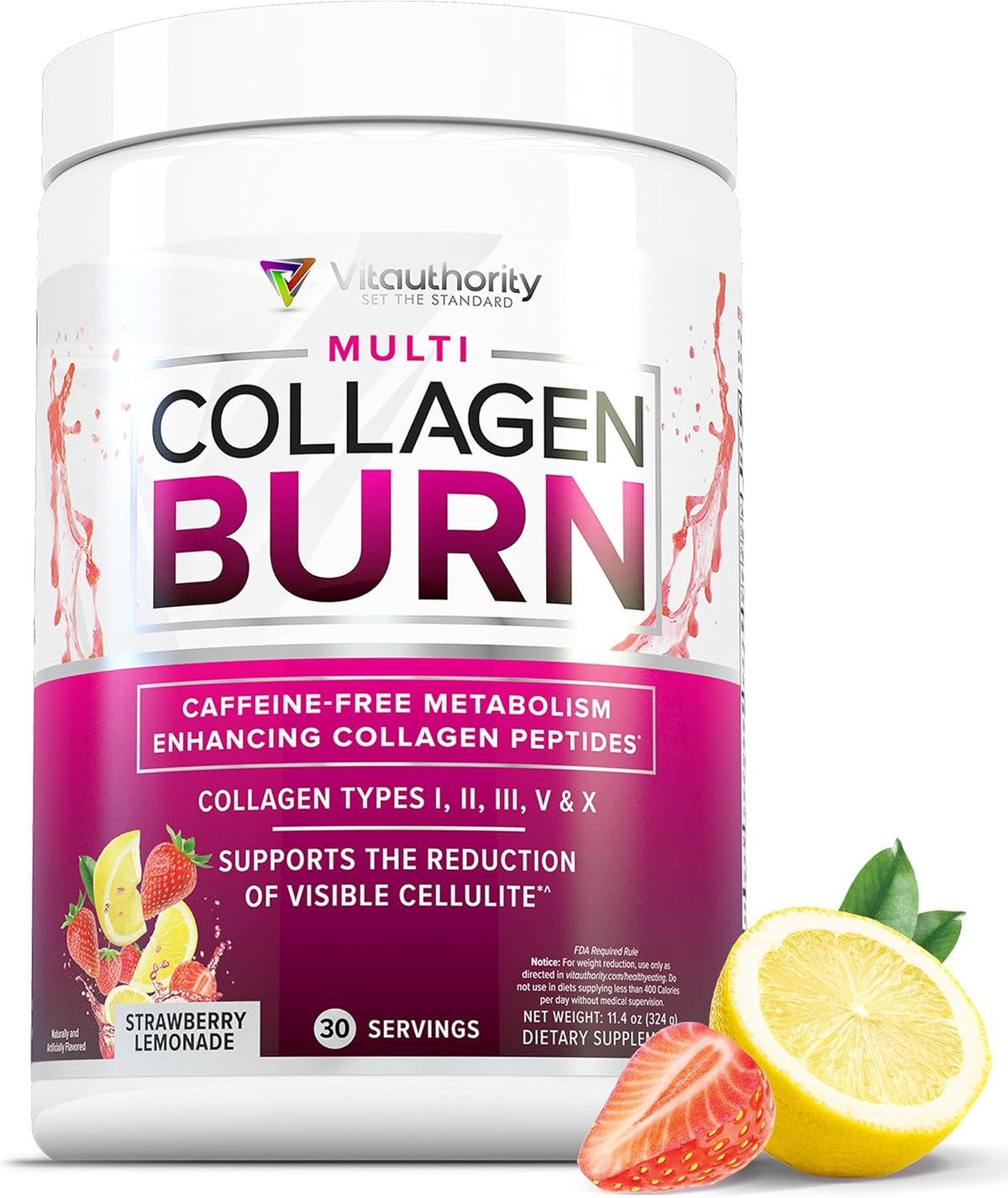 Multi Collagen Burn: Hydrolyzed Protein Peptides with Hyaluronic Acid, Vitamin C, SOD B Dimpless, Types I, II, III, V and X, Caffeine-Free Strawberry Lemonade Flavored 30 Servings