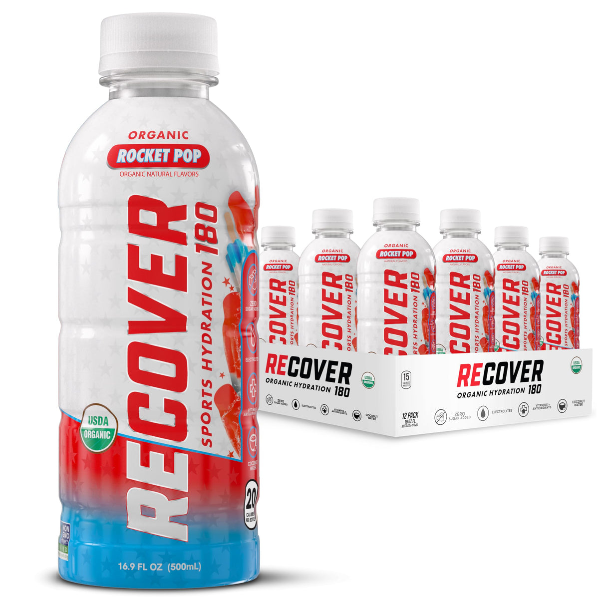 RECOVER 180 Organic Sports Hydration Drink, No Sugar Added, 20 Calorie Sports Beverage, Organic Flavors With Vitamins, Potassium-Packed Electrolytes (16.9 Fl Oz (Pack of 12), Orange Cream)