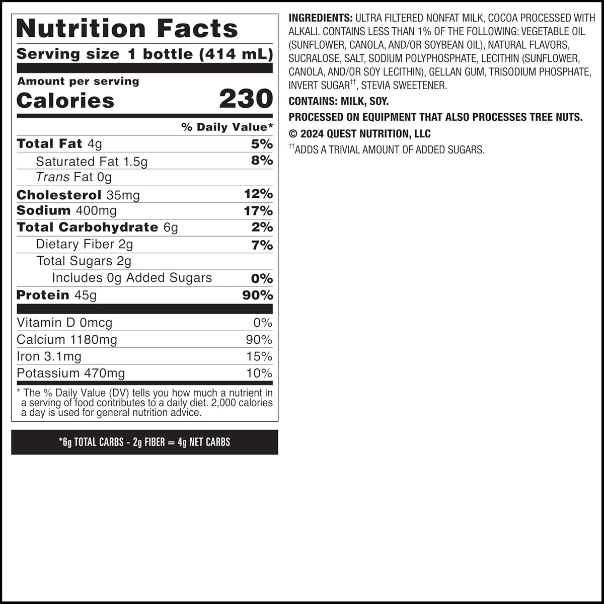 Quest Nutrition Chocolate Protein Shake, 45g Protein, 2g Sugar, 4g Net Carbs, Ready to Drink, Gluten Free, 12 Count