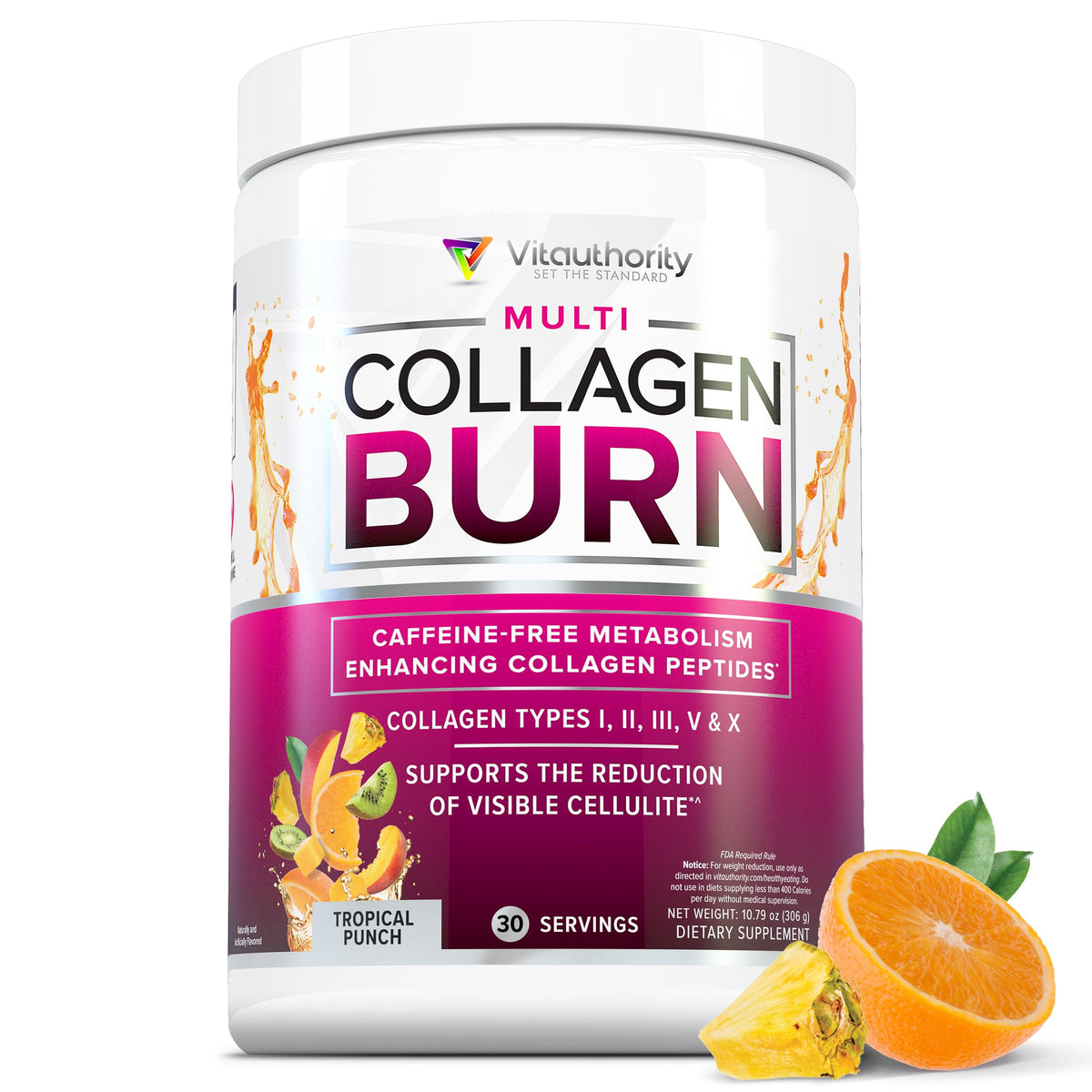 Multi Collagen Burn: Hydrolyzed Protein Peptides with Hyaluronic Acid, Vitamin C, SOD B Dimpless, Types I, II, III, V and X, Caffeine-Free Strawberry Lemonade Flavored 30 Servings