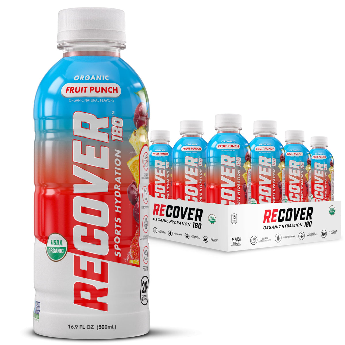 RECOVER 180 Organic Sports Hydration Drink, No Sugar Added, 20 Calorie Sports Beverage, Organic Flavors With Vitamins, Potassium-Packed Electrolytes (16.9 Fl Oz (Pack of 12), Orange Cream)