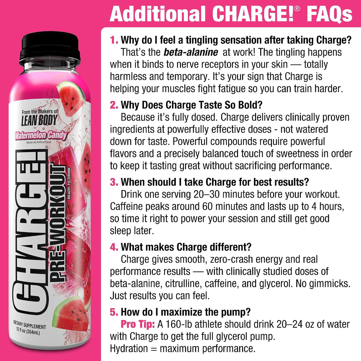 LABRADA Charge Pre Workout Watermelon Candy RTD Drink – Pump, Energy, Endurance Formula with 10g Glycerol, 6g L-Citrulline Malate, 4g Beta Alanine, 300mg Caffeine, + Total Hydration, 12 Servings
