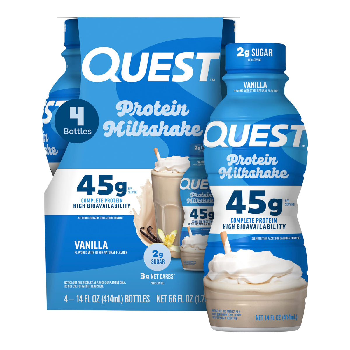 Quest Nutrition Chocolate Protein Shake, 45g Protein, 2g Sugar, 4g Net Carbs, Ready to Drink, Gluten Free, 12 Count