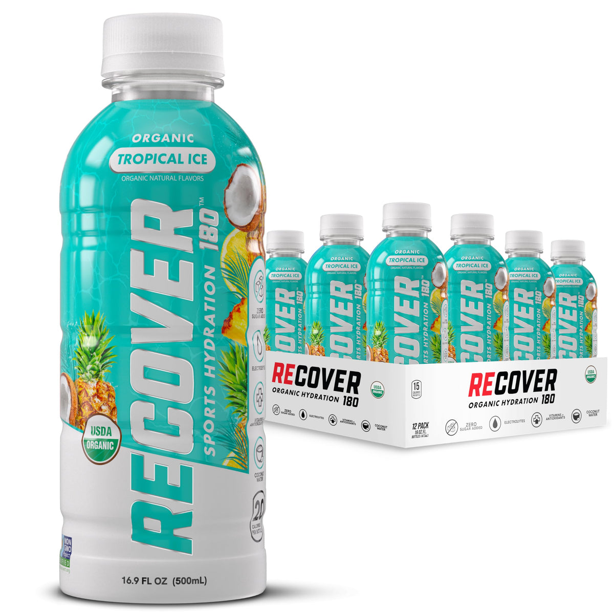 RECOVER 180 Organic Sports Hydration Drink, No Sugar Added, 20 Calorie Sports Beverage, Organic Flavors With Vitamins, Potassium-Packed Electrolytes (16.9 Fl Oz (Pack of 12), Orange Cream)