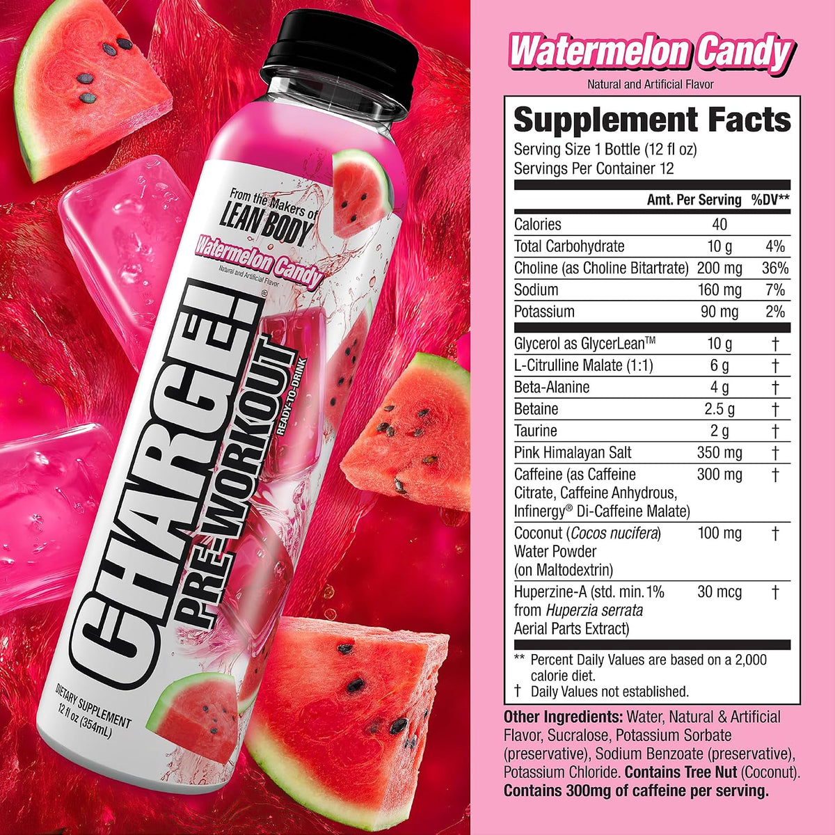 LABRADA Charge Pre Workout Watermelon Candy RTD Drink – Pump, Energy, Endurance Formula with 10g Glycerol, 6g L-Citrulline Malate, 4g Beta Alanine, 300mg Caffeine, + Total Hydration, 12 Servings